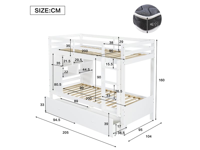  Lit superposé 90x200 cm blanc en bois avec tiroirs, étagère et échelle  - Conforama C