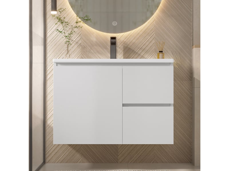  Meuble vasque mural salle de bain blanc 76 cm avec lavabo intégré, led radar et 2 tiroirs silencieux  - Conforama B