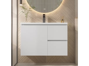 Meuble vasque mural salle de bain blanc 76 cm avec lavabo intégré, led radar et 2 tiroirs silencieux