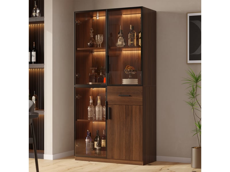 Vitrine avec éclairage led pour salon, 4 portes vitrées, 1 tiroir, mdf, aspect bois naturel, 80 x 35 x 160 cm - Conforama B