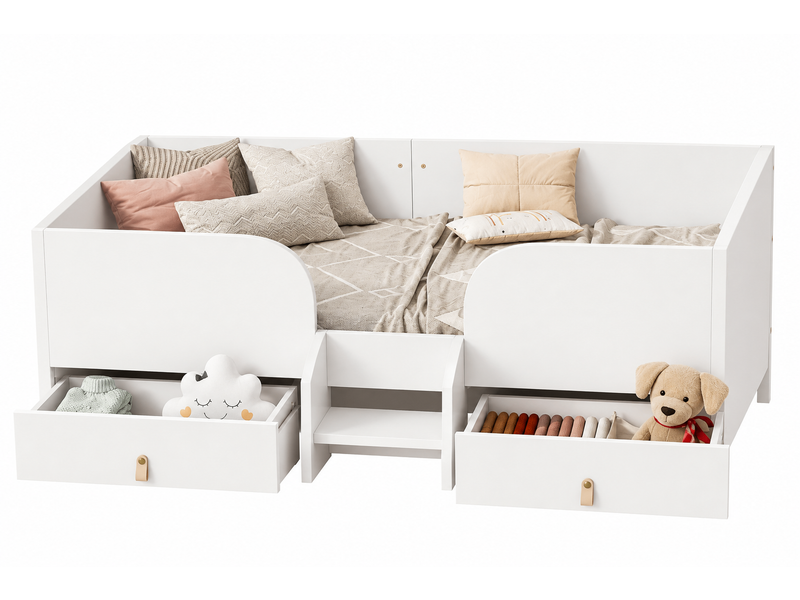 Lit enfant 90x200 cm avec 2 grands tiroirs de rangement, marche d'accès et barrières de sécurité, contreplaqué et mdf, blanc OMNIGLINT TRADING LTD - Conforama A