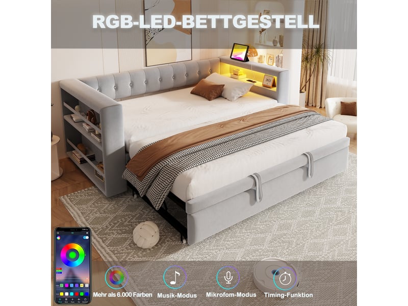 Lit rembourré 90x180 cm avec led, prises, grand rangement, canapé-lit moderne  - Conforama D