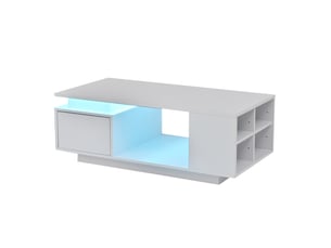 Table basse led blanche brillante avec tiroir - rangement latéral et design ajouré au centre - 100x50x36 cm