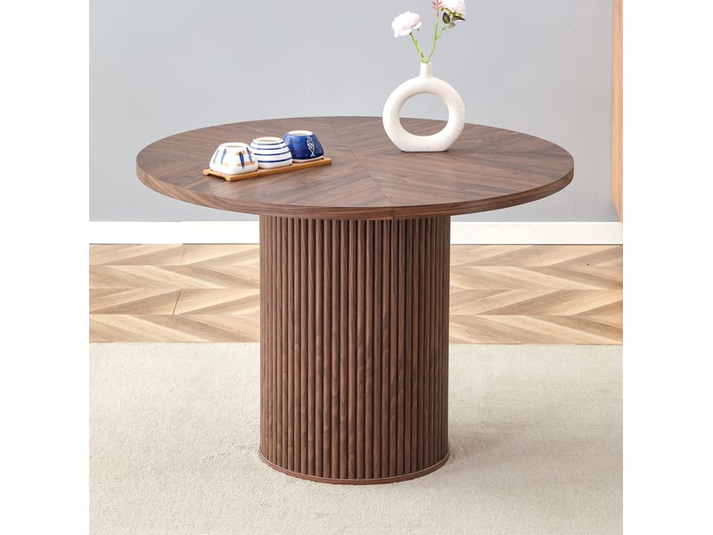  Table de salle à manger ronde pour 4 à 6 personnes avec plateau en 4 segments et rangement intégré, mdf noyer 100 cm  - Conforama E