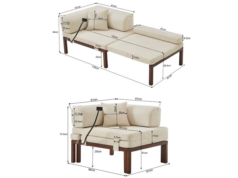  Canapé droit convertible 1 place en velours beige avec cadre en bois, lit escamotable gain de place, sans matelas  - Conforama C