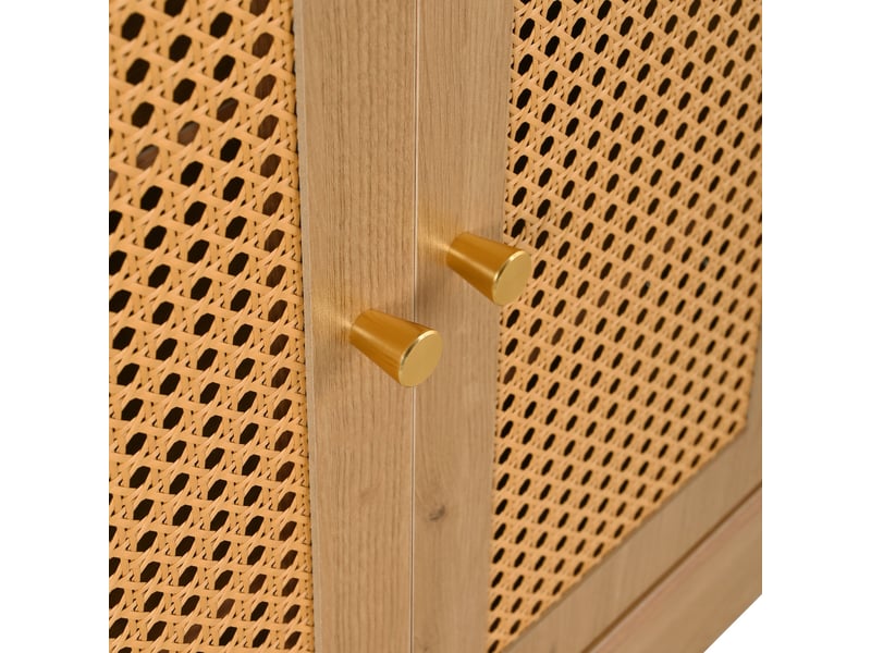 Meuble à chaussures avec banc rembourré, 3 portes rotin, 1 tiroir, rangement entrée, bois, 142x35x110 cm  - Conforama E