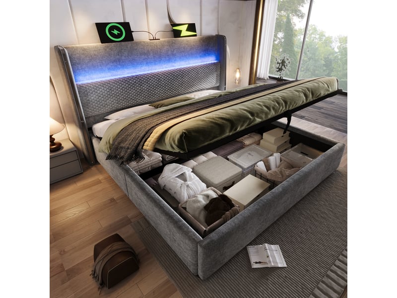  Lit coffre 180×200 cm capitonné avec rangement, led et usb, lin, gris, avec matelas  - Conforama E