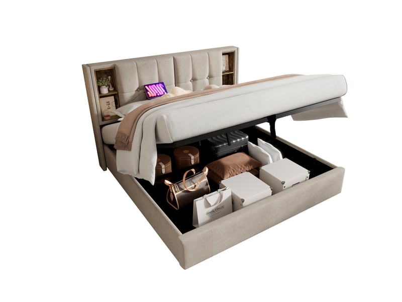 Lit coffre adulte 160x200 cm – naturel – rangement, chargeur sans fil, usb-c et matelas 7 zones inclus - Conforama A