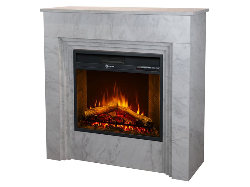  Bellini - cheminée électrique sur pied à effet flamme 96x96x35 cm en bois effet marbre blanc  - Conforama C