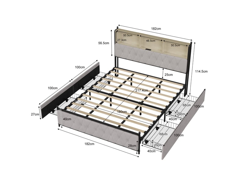  Lit avec 4 tiroirs 180x200, lit double avec éclairage led, lit adulte, tête de lit rangement et ports usbtype-c, cadre de lit en métal et bois, scandinave, velours, beige  - Conforama E