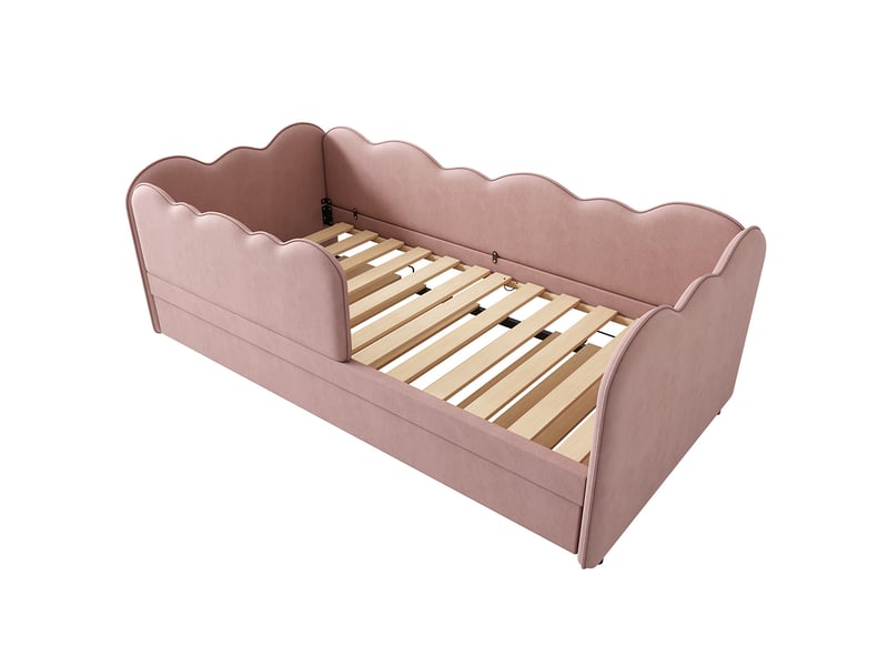 Lit simple rembourré 90x190 cm avec lit gigogne, lit enfant avec sommier à lattes, tissu velours, rose - Conforama E