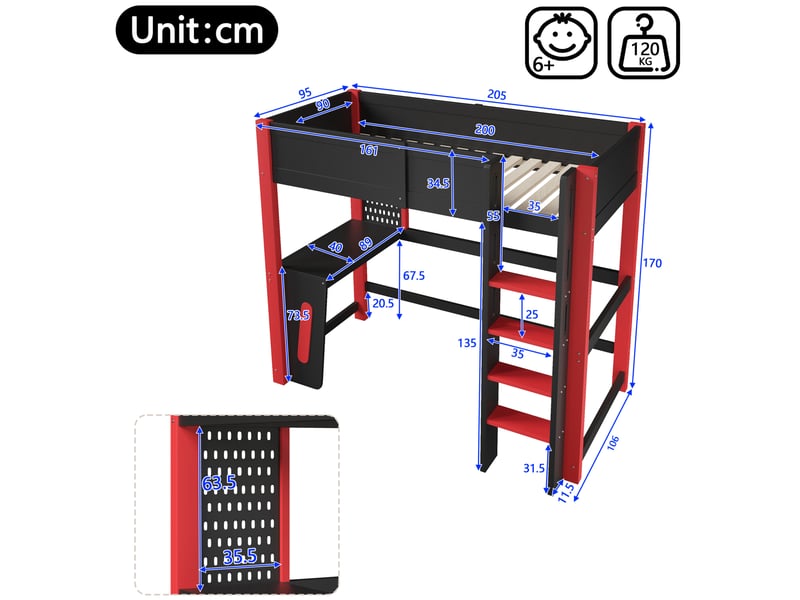  Lit mezzanine 90x200 cm en pin et mdf noir avec bureau, panneau perforé et led  - Conforama C