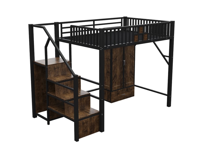  Lit mezzanine métal 140x200 cm noir, escalier de rangement, structure mdf, gain de place, style chaleureux, design moderne, style contemporain  - Conforama D
