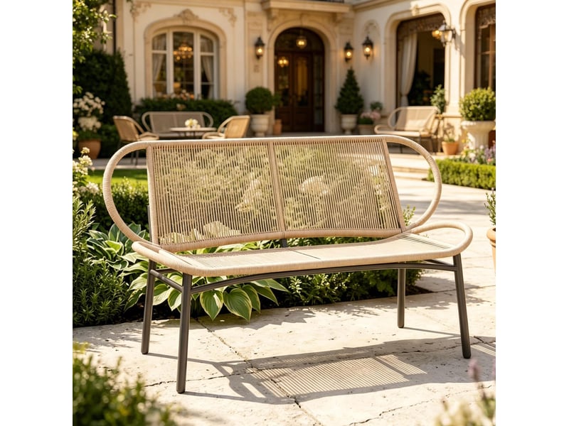 Banc de jardin 2 places avec assise en résine tressée, structure métal noir - Conforama E