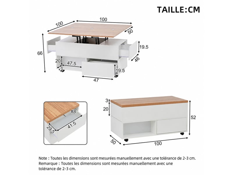  Table basse relevable sur roulettes – 4 tiroirs et rangement – blanc et décor bois – 100 x 50 x 52 cm  - Conforama D