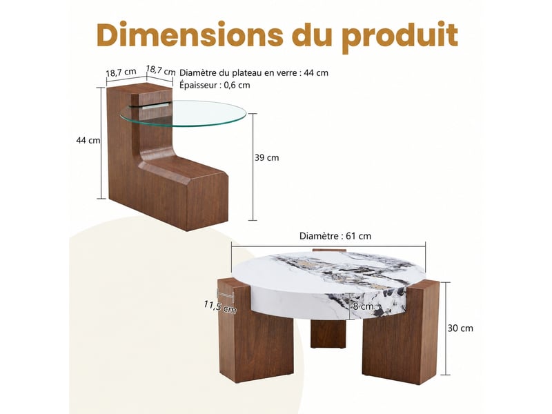  Table basse de salon muvano, ensemble de tables basses gigognes rondes, effet bois de noyer et marbre blanc  - Conforama E