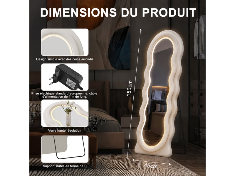  Miroir sur pied led - 45 x 150 cm - blanc - miroir corps entier en verre trempé avec cadre irrégulier et éclairage  - Conforama B