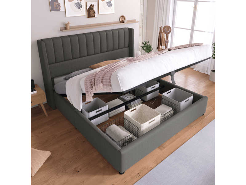  Lit coffre 180x200cm sommier inclus - lit rembourré - lin gris, tête de lit confortable, grand espace de rangement  - Conforama B