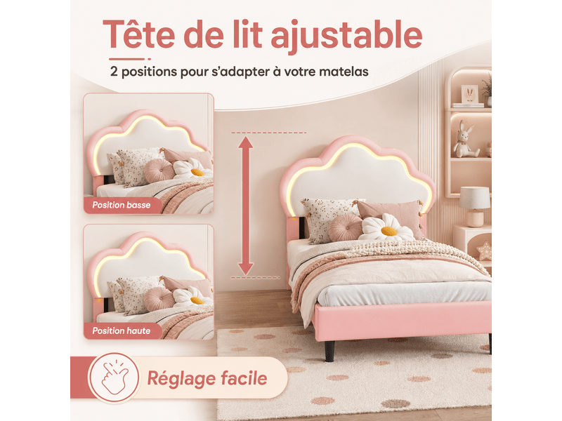  Lit enfant fille 90x200 avec éclairage led rgb , lit princesse avec tête de lit nuage réglable, sommier à lattes, 1 place, lit enfant fille 90x200 cm avec lumière led, lit princesse avec tête de lit nuage réglable, lit rembourré…  - Conforama C