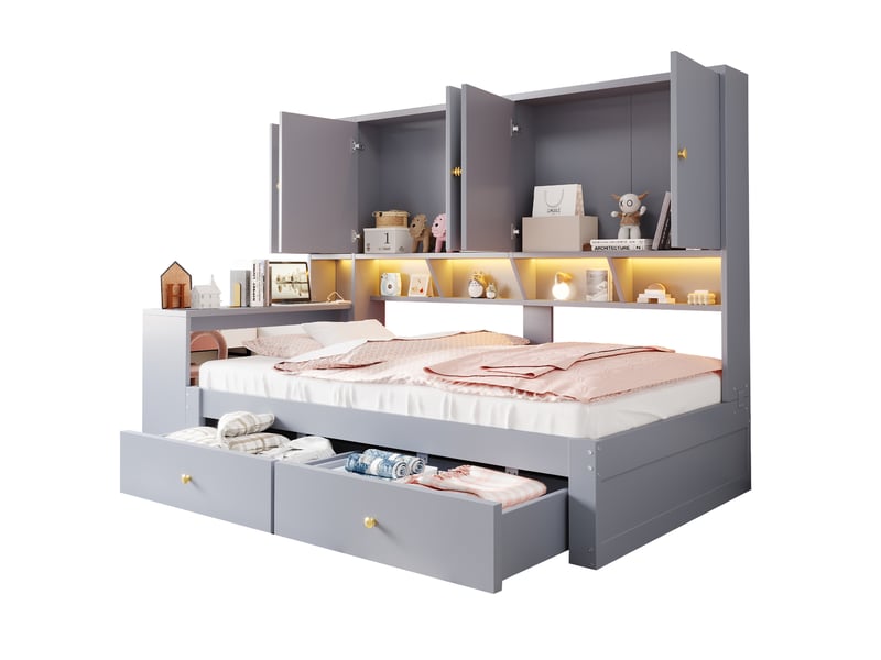  Lit multifonction 90 x 200 cm avec bureau intégré, armoires, étagères, tiroirs, led et prises, gris evarich - Conforama A