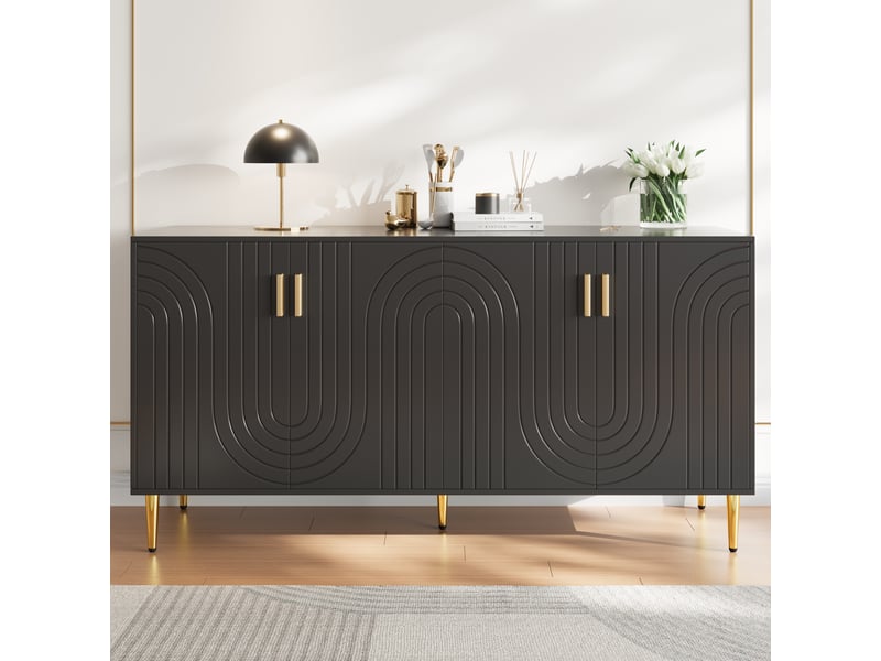  Buffet bas noir 152x40x75 cm en mdf à motif ondulé et détails dorés  - Conforama C
