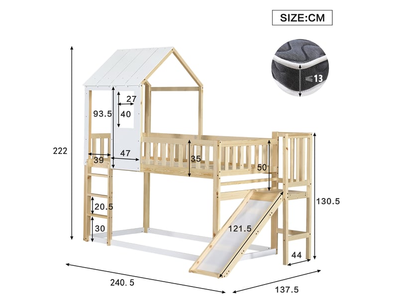  Lit superposé enfant avec toboggan, toit et fenêtre naturel et blanc 90 x 200 cm  - Conforama E