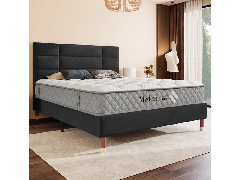  Lit adulte double 140x200 cm en tissu de lin noir avec sommier et matelas  - Conforama D