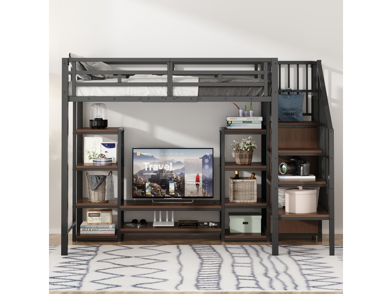  Lit surélevé 90x200 cm noir, support tv, prise et échelle sécurisée, structure métal-bois gain de place  - Conforama C