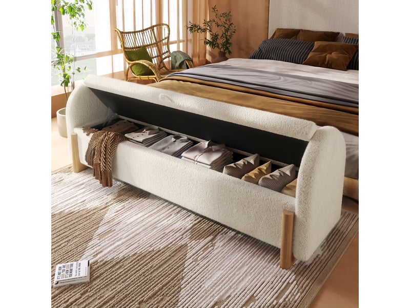  Banc de lit avec coffre de rangement 146 cm tissu bouclette blanc pieds en bois massif  - Conforama D