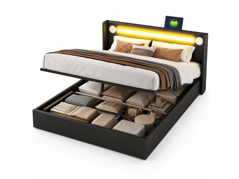  Lit double 160 x 200 cm avec rangement hydraulique, led, bluetooth et usb noir  - Conforama A