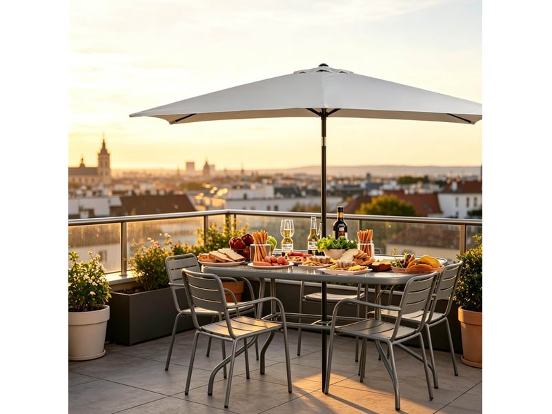  Table de jardin rectangulaire 120x80 cm – grise – verre trempé et trou pour parasol, 8 personnes  - Conforama D