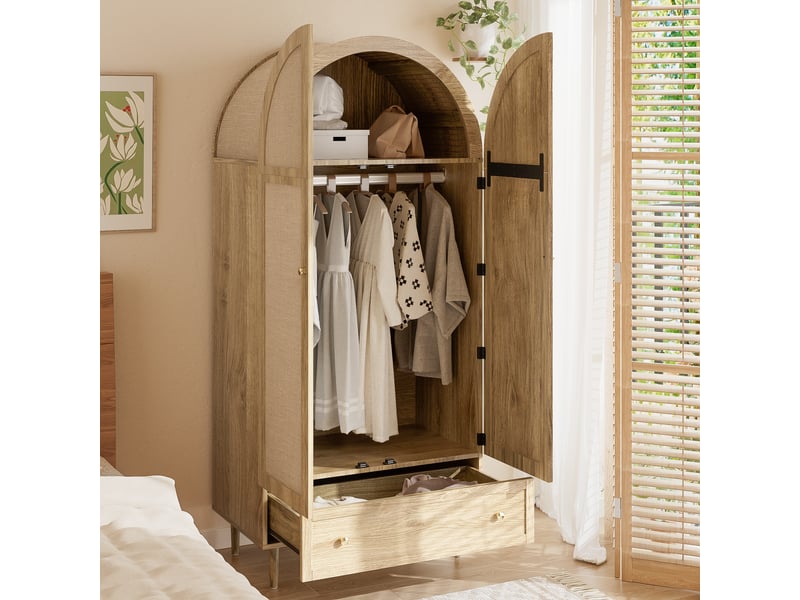  Armoire de rangement avec portes en tissu tringle étagères et tiroirs pour chambre en mdf 79×50×175 cm chêne  - Conforama B