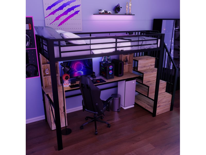 Lit mezzanine 90 × 200 cm 1 place avec bureau, armoire, rangements et usb, sans matelas, noir - Conforama C