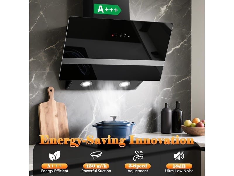 Hotte aspirante murale noire 60 cm, 450 m³h, 3 vitesses avec boost, tactile, évacuation et recyclage, éclairage led, classe a+++ - Conforama B