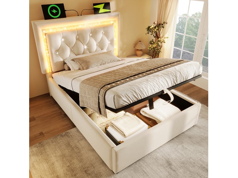  Lit coffre 90x200 cm éclairage led et charge usb type c en velours beige  - Conforama C