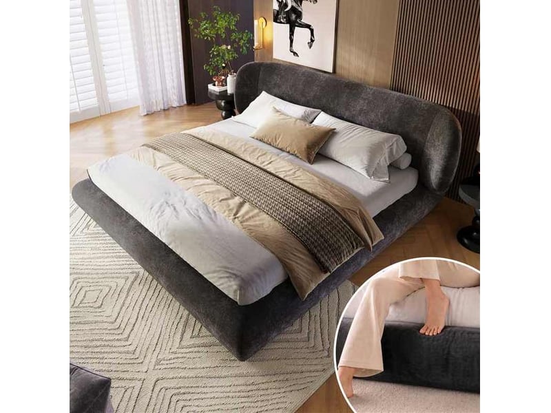  Lit rembourré 160 × 200 cm 2 places avec tête de lit et sommier, sans matelas, en chenille gris à bords arrondis  - Conforama B