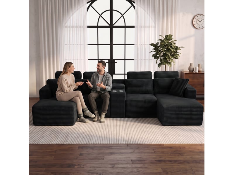  Canapé d'angle modulaire en u 373x151x81 cm compressé avec porte-gobelets, pour salon, mousse, velours côtelé, noir  - Conforama E