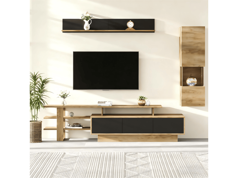  Ensemble meuble tv mural 3 pièces rayofi - 1 meuble tv 180x40x45 cm, 1 vitrine 30x30x100 cm, 1 étagère murale 120x13,5x18 cm, éclairage led usb, finition bois naturel et noir, 3 tiroirs, pour tv jusqu'à 80 pouces N625P295433Z - Conforama R