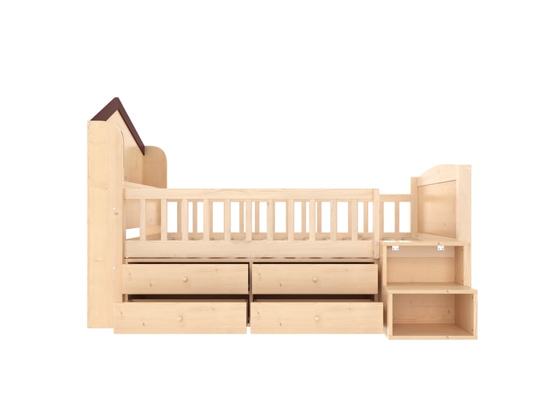  Lit mezzanine 90x200 cm, lit enfant, 4 tiroirs, échelle sécurisée, led, forme maison, bois de pin naturel  - Conforama B