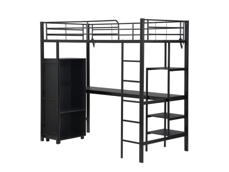  Lit mezzanine 90x200 cm, lit enfant avec table, armoire et échelle à 5 marches, en métal, noir, sans matelas  - Conforama E