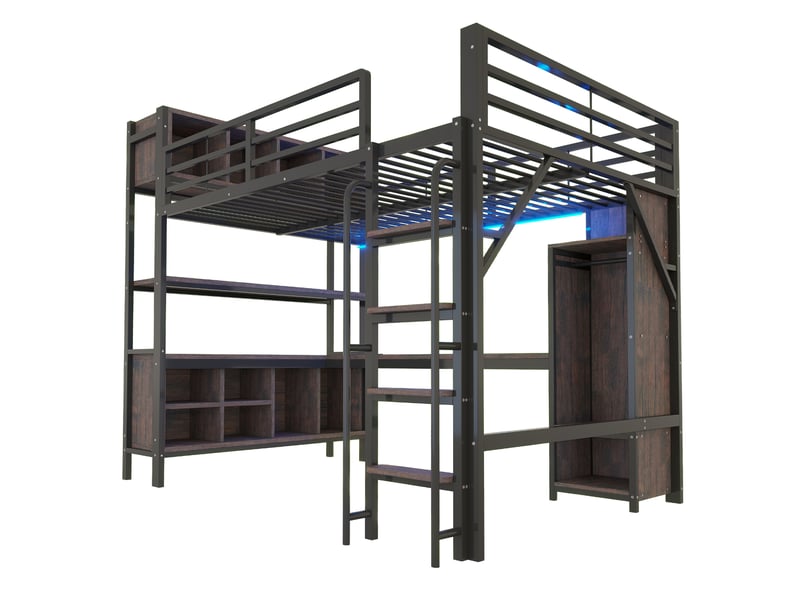  Lit mezzanine 140x200 cm avec bureau et armoire - étagères - led et prises - garde-corps haut - noir  - Conforama R
