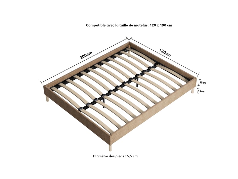 Lit 180x200 cm avec sommier, tissu brun, lattes et pieds en bois Alya brun - Conforama D