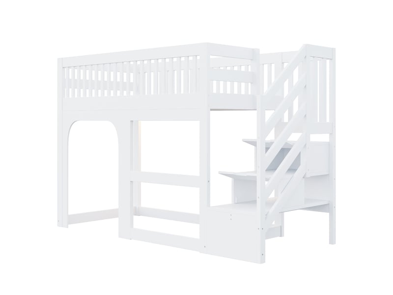 Lit mezzanine 90x200 cm avec rangement intégré et led - lit enfant avec sommier à lattes et barrières de sécurité - bois blanc - Conforama W