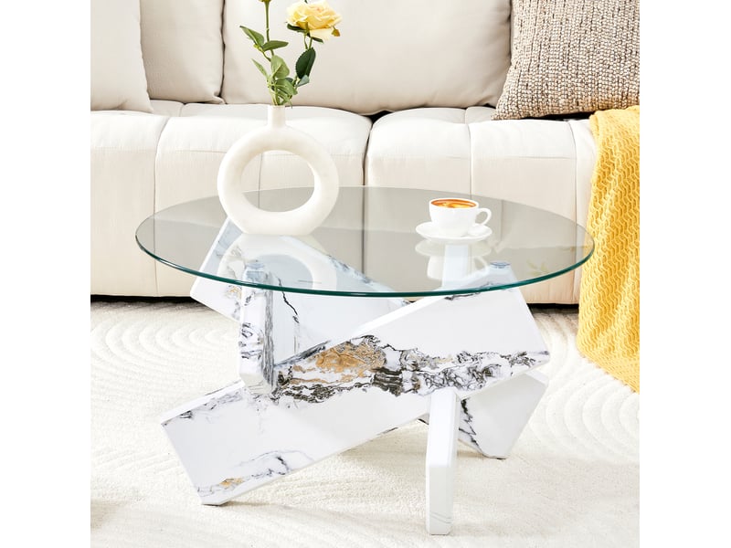  Table basse ronde à support croisé diamètre 79 cm, hauteur 45 cm en mdf et verre blanc transparent  - Conforama C