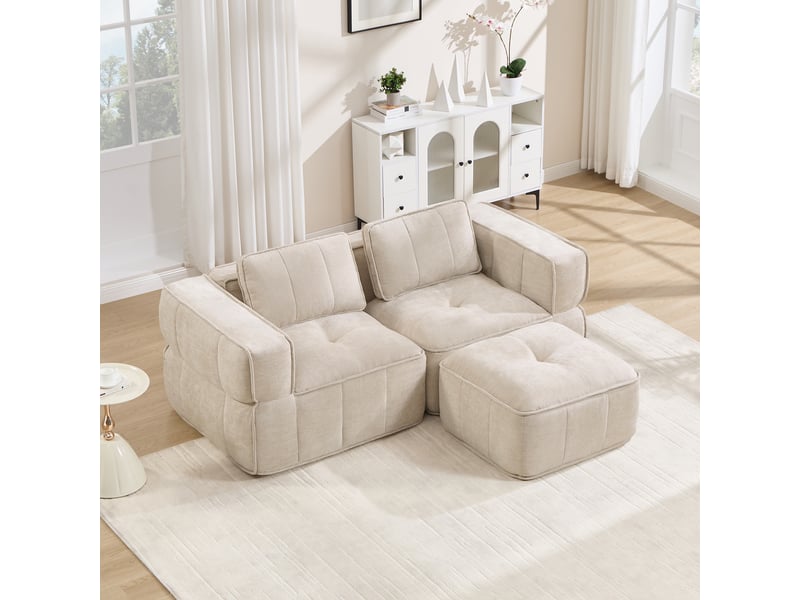 Canapé d'angle modulable 2 places en polyester, forme l avec pouf, beige - Conforama D