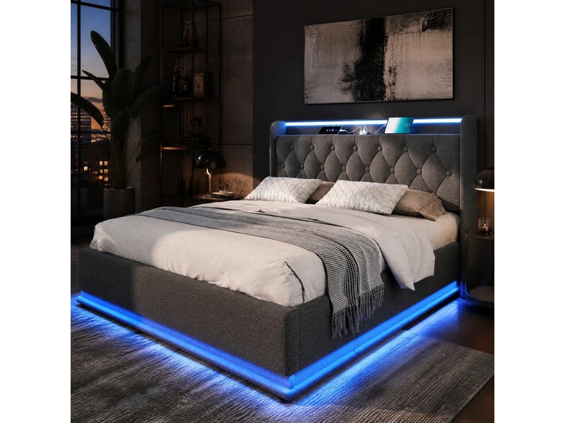 Lit coffre rembourré 180 × 200 cm 2 places avec led, usb, type-c et étagères, sans matelas, en tissu gris - Conforama B