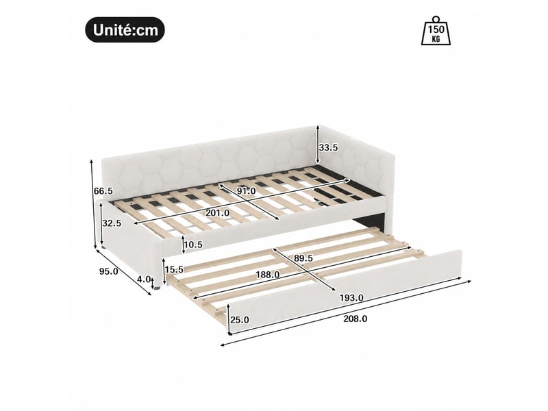 Lit banquette avec lit gigogne, sommier à lattes, lampe de chevet et ports de charge usb et type c, bouclette blanc, 90 x 200 cm - Conforama D