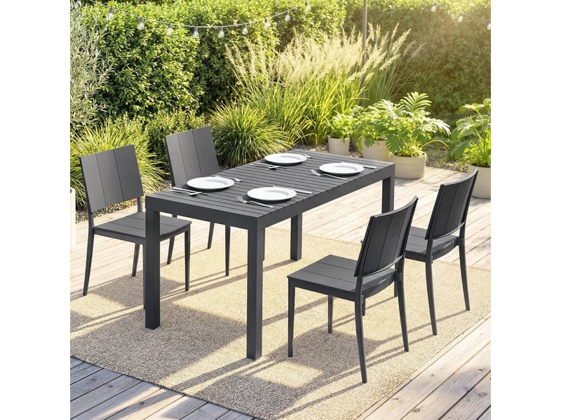  Salon de jardin 5 pièces 141,5 x 70,5 cm gris foncé en métal, table et 4 chaises empilables extérieur  - Conforama B
