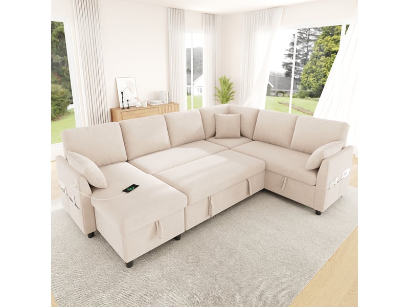 Canapé panoramique convertible en lit 255 cm, 6 places modulable en lu avec méridienne, rangements, usbtype-c, poche latérale, 3 coussins, beige - Conforama C
