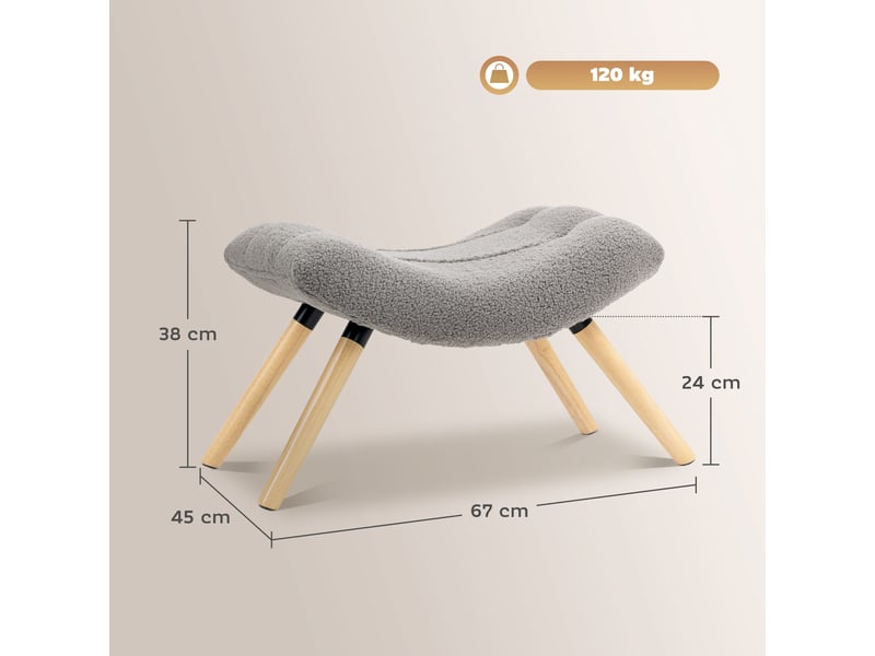  Repose-pieds rembourré en polaire et pieds en bois de hêtre gris clair 67 x 45 x 38 cm  - Conforama C